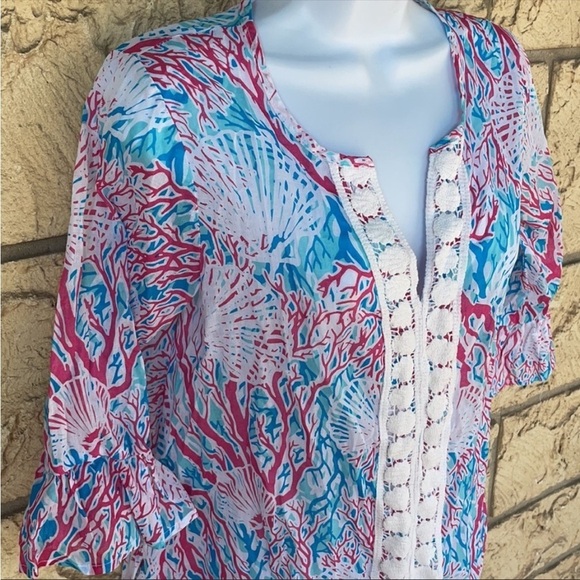Coral Shells Tunic Beach Vacation Blouse comfy Size Med - Picture 3 of 8